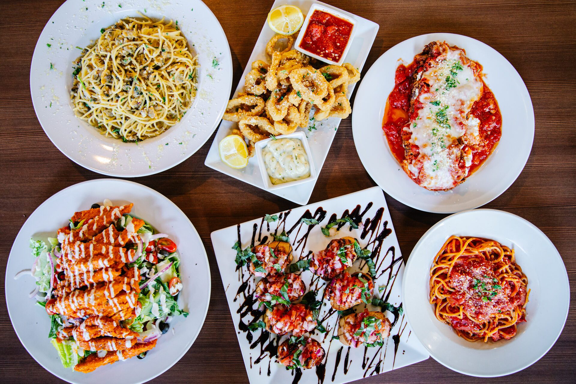 Overhead spread of Brooklyn V's dishes